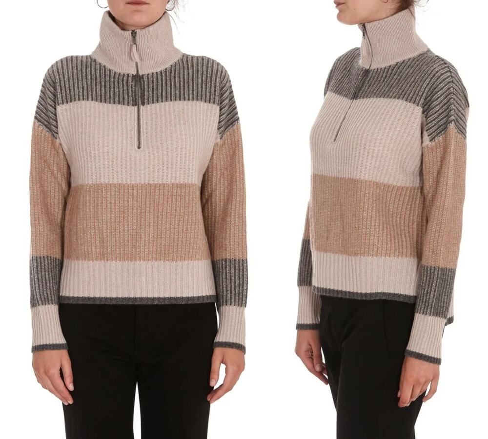 SKULL CASHMERE Zemirah 100% Cashmere Half Zip Ribbed Sweater Tan Gray {A31}